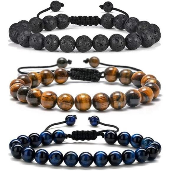 Men's Natural Stone Bracelet Tiger Eye Lava Rock Agate Adjustable Beaded - Picture 1 of 7